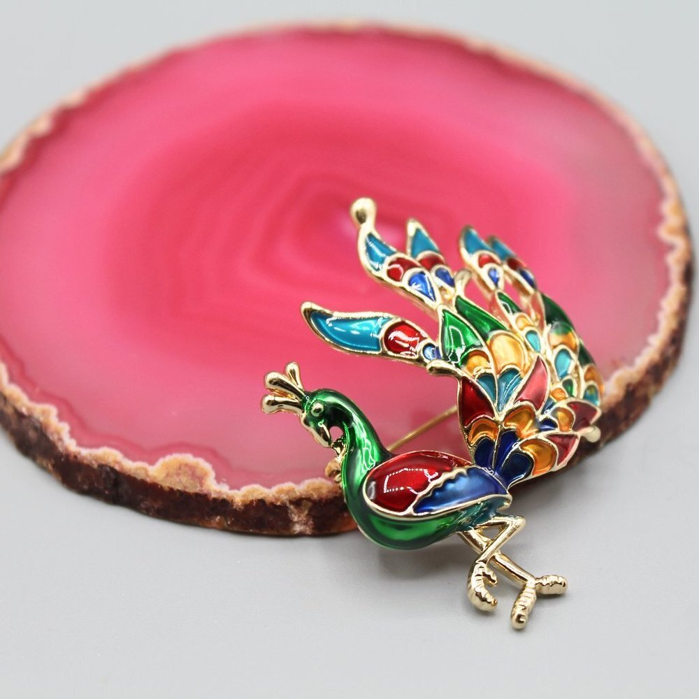 Peacock jewelry pin brooch elegant colorful yellow gold tone brand new beautiful